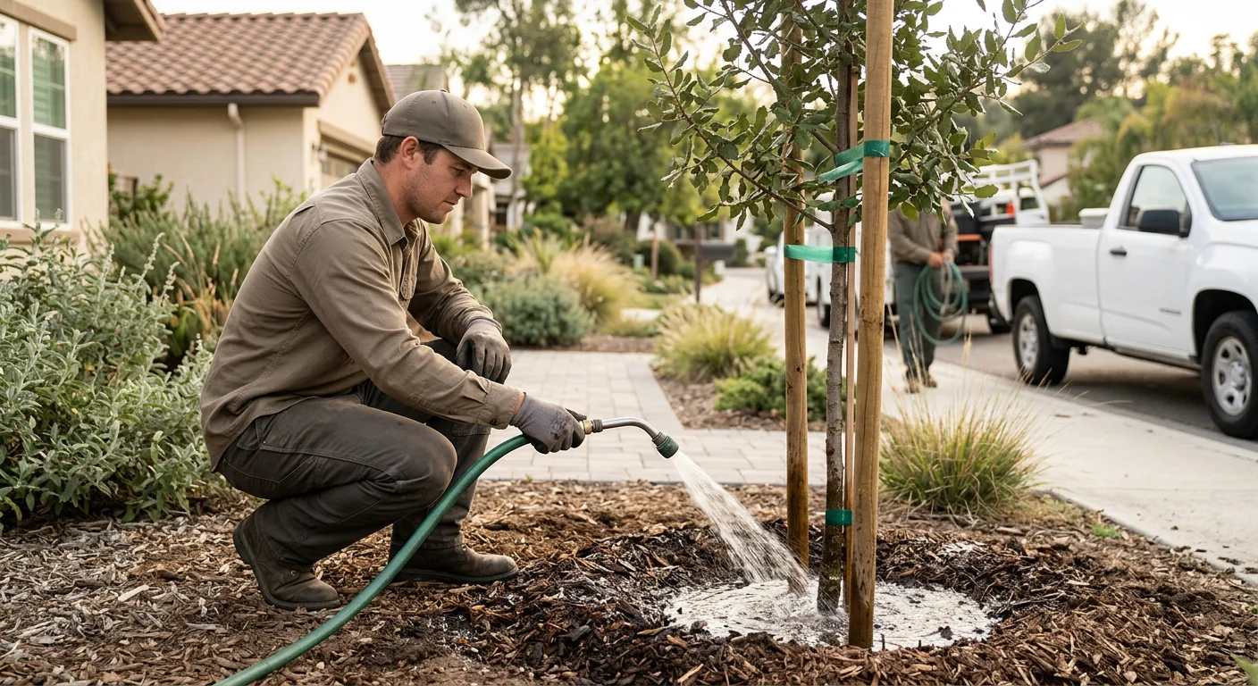 Landscaper watering in a freshly planted tree during an afternoon service visit