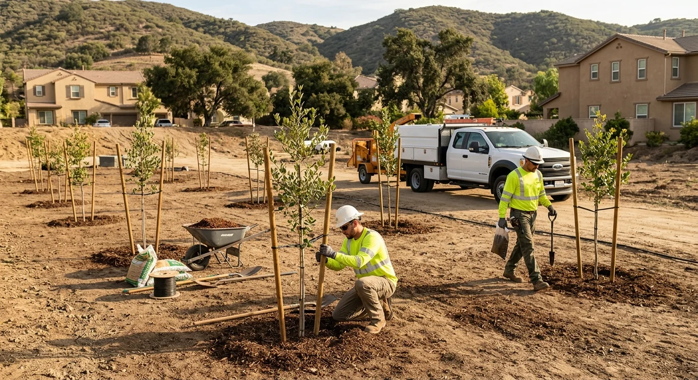 Multiple young trees evenly spaced across a cleared property lot in Thousand Oaks