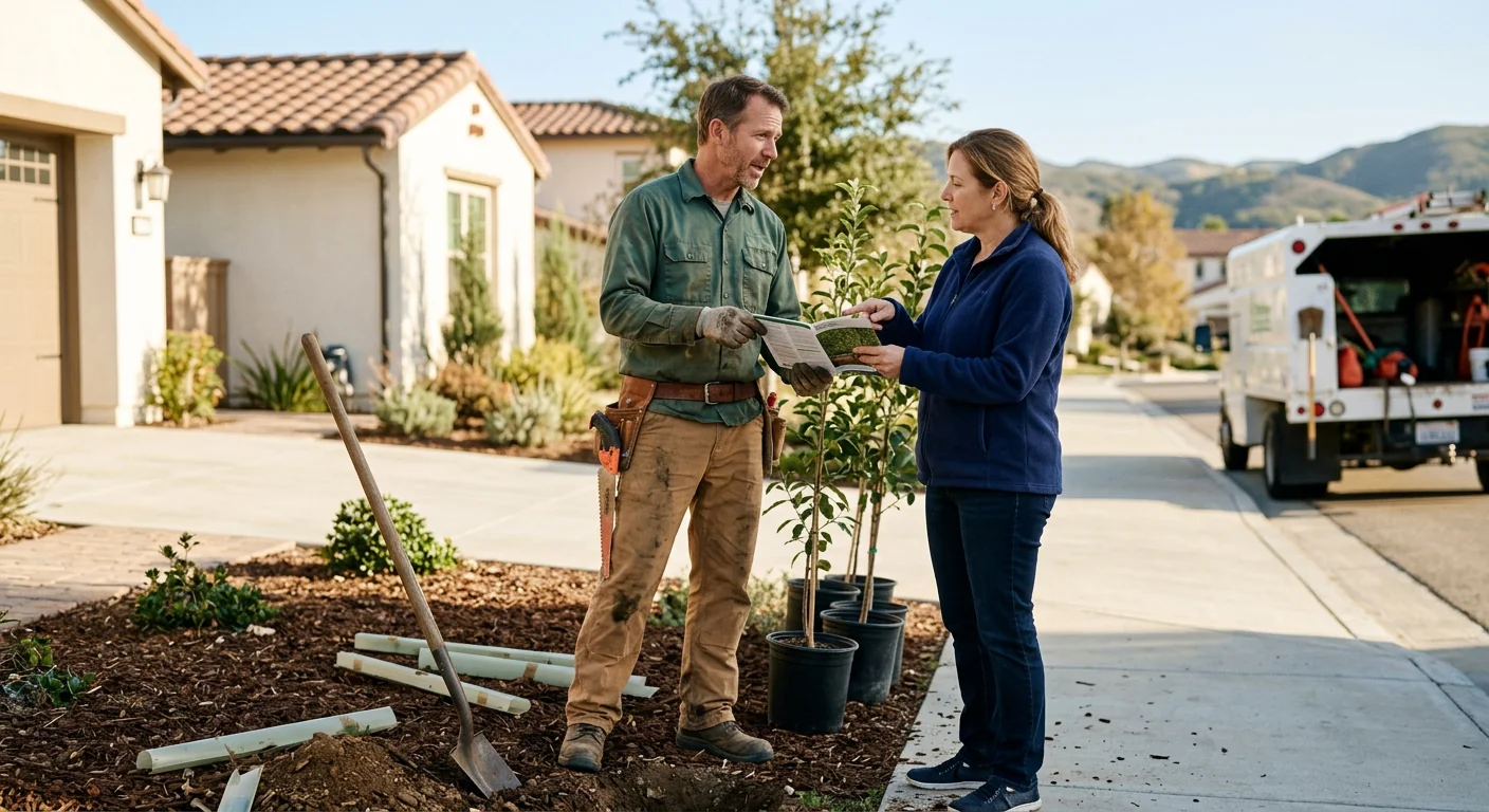 Homeowner reviewing tree species options with a local arborist in Thousand Oaks