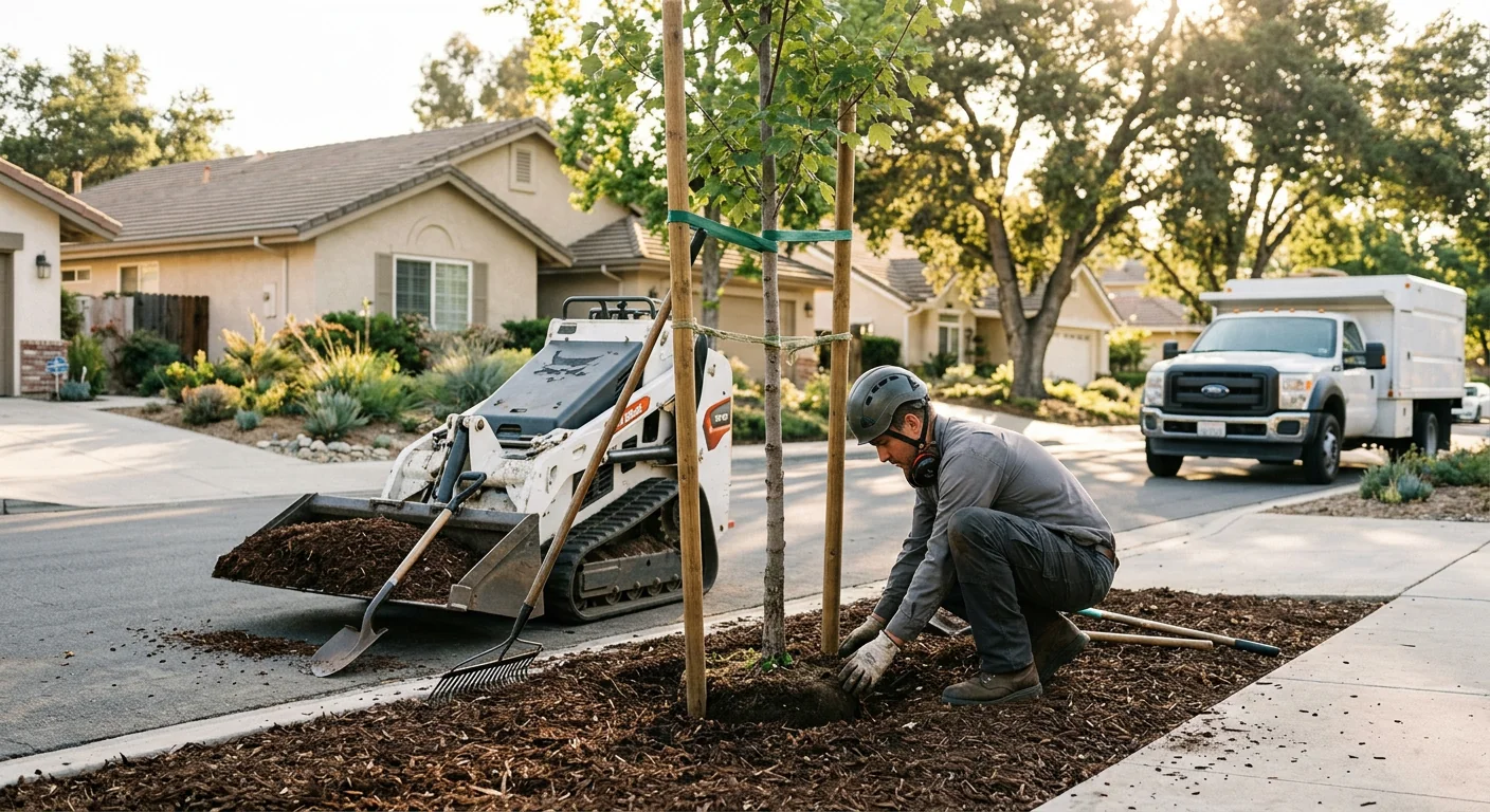 Freshly planted shade tree staked and mulched in a residential front yard