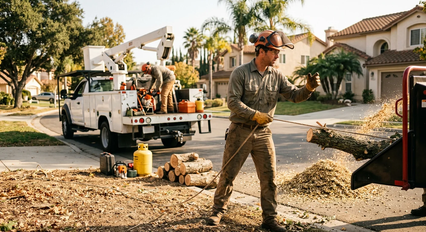 Written pruning estimate on a clipboard beside trimmed branches in a Thousand Oaks yard