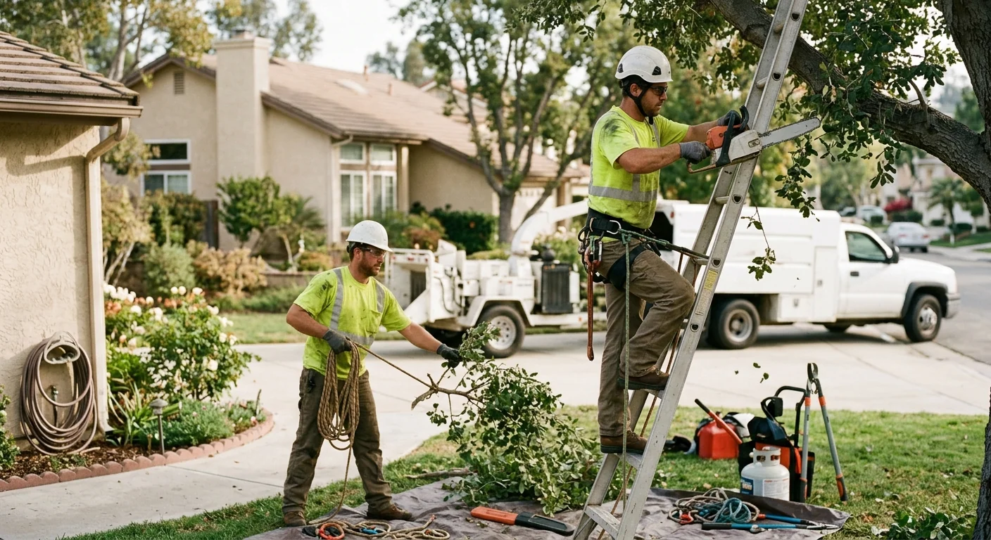 Arborist carefully pruning a mature backyard tree in Thousand Oaks neighborhood