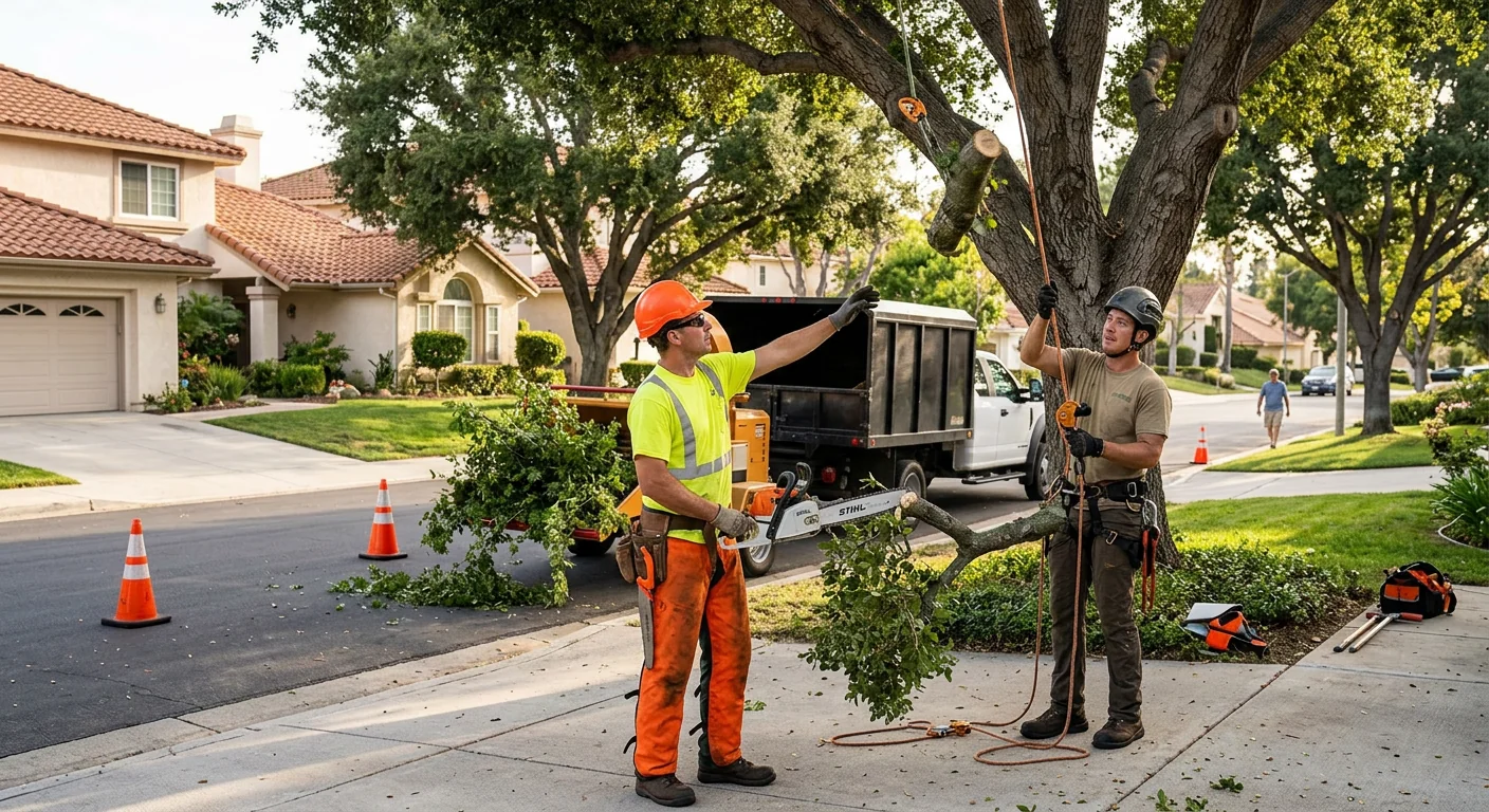 Arborist pruning a mature oak canopy in a Thousand Oaks backyard