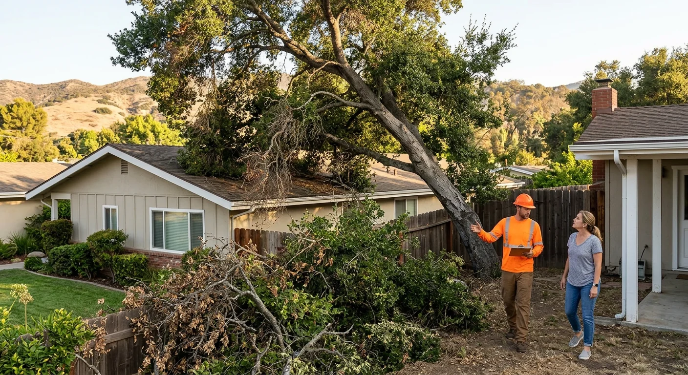 Overgrown tree canopy with crossing branches before pruning in Thousand Oaks
