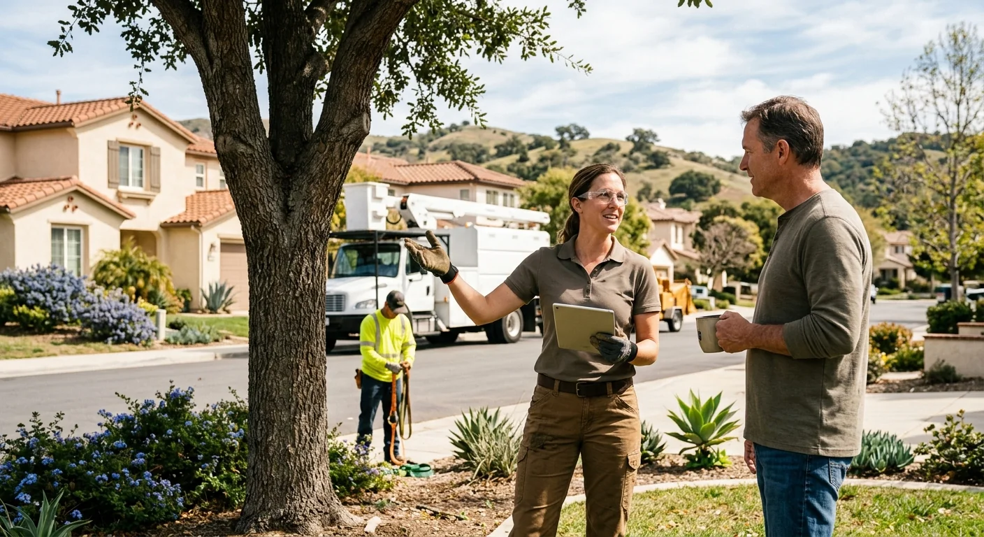 Arborist making a precise reduction cut on an oak canopy above a Thousand Oaks backyard