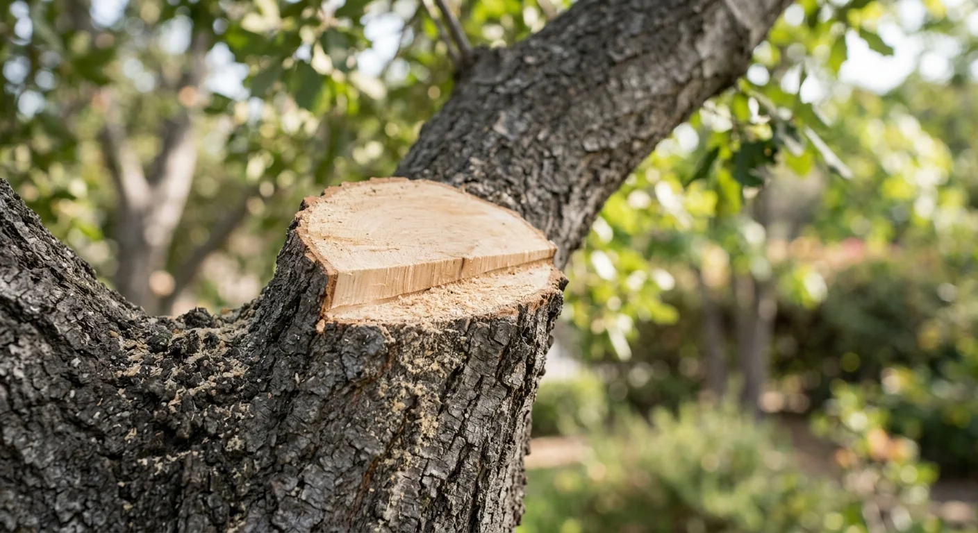 Close-up of clean pruning cut on a mature oak branch in a Thousand Oaks yard