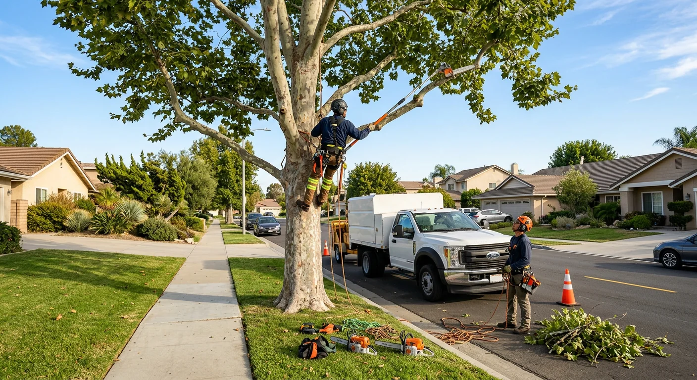Wide shot of a trimmed sycamore with a raised crown along a residential street