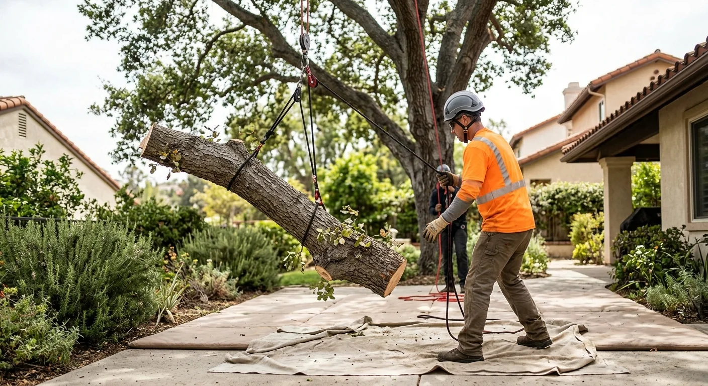 Arborist using rigging lines to lower a pruned limb over a backyard patio