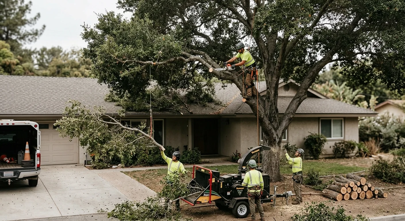 Before context of an overgrown backyard tree crowding a home roofline