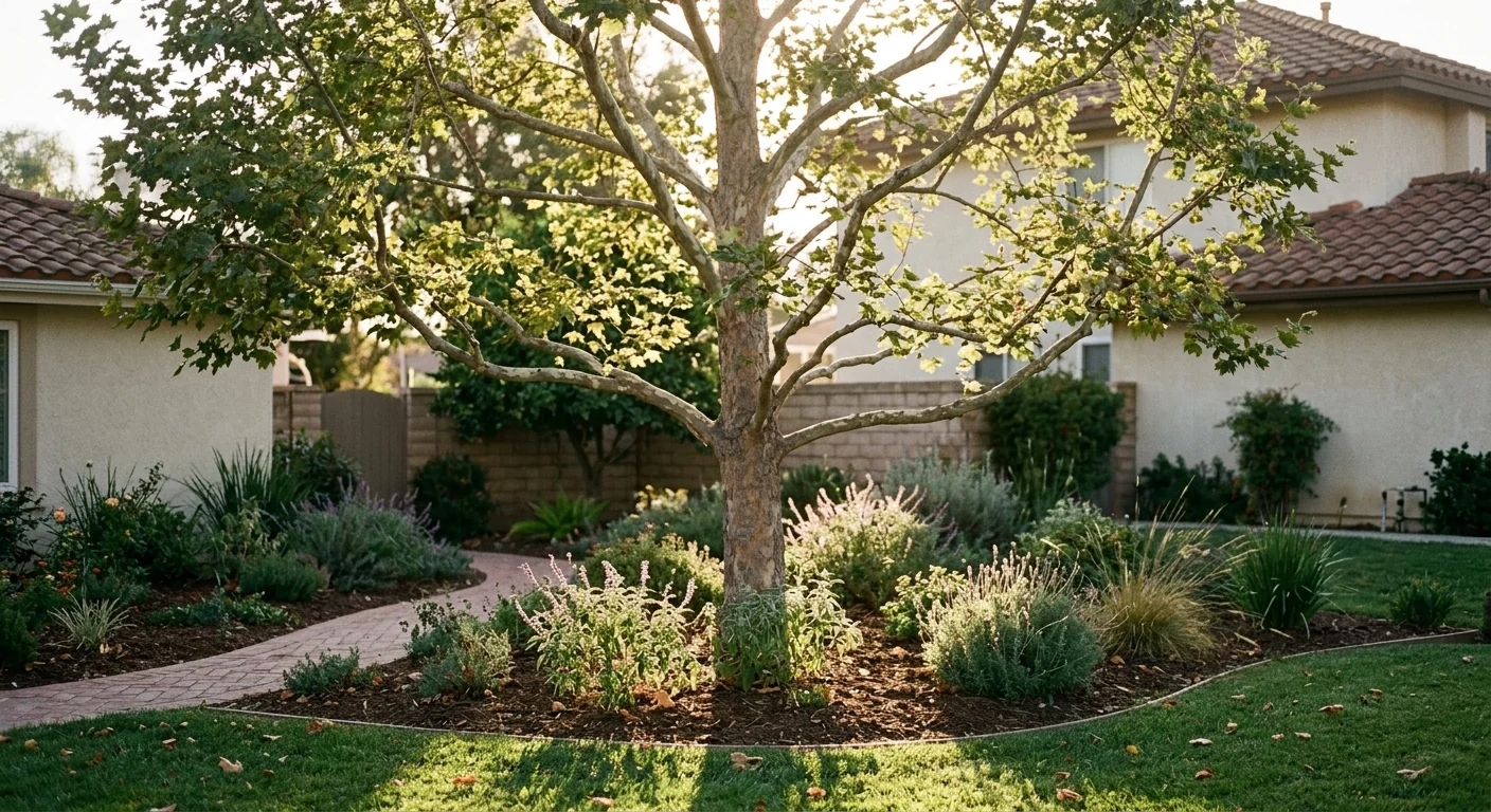 Finished result of a thinned tree canopy letting light into a garden bed
