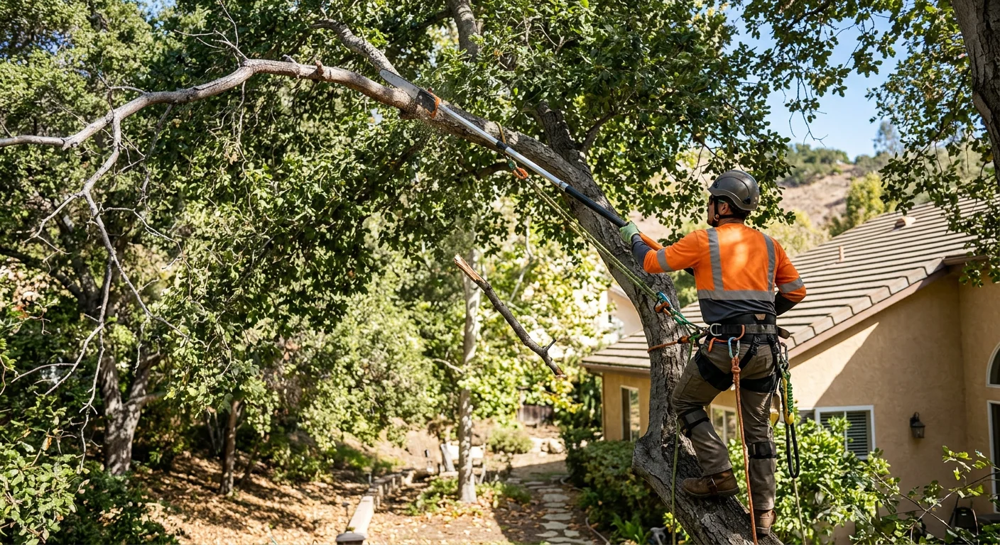 Pole saw in action removing deadwood from a tall backyard tree