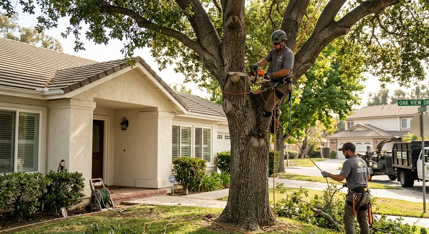 Freshly pruned front-yard tree framing a tidy Thousand Oaks home entrance