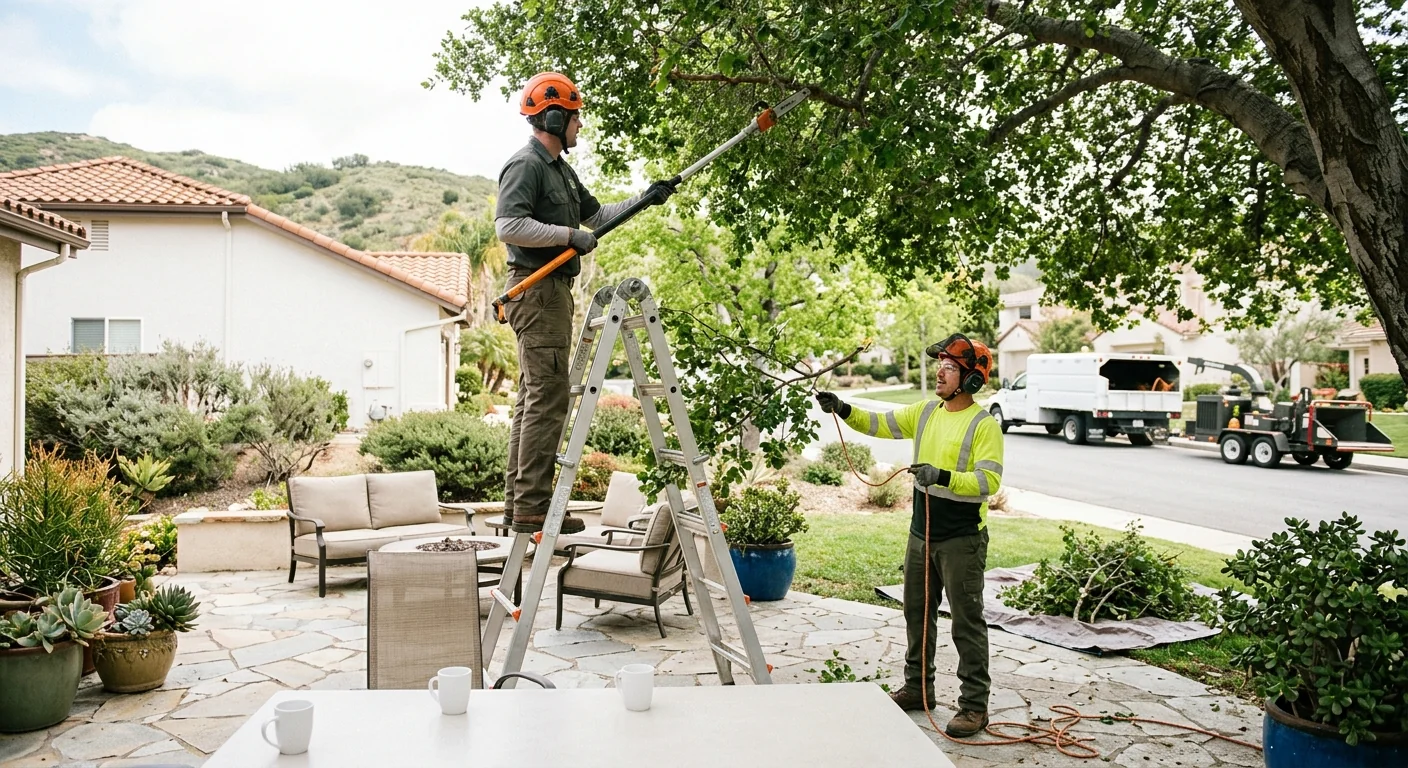 Certified-style crew thinning a dense canopy above a Thousand Oaks backyard patio