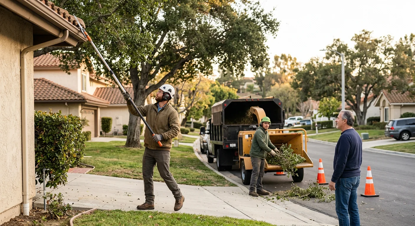 Homeowner reviewing a written tree removal estimate with a local arborist