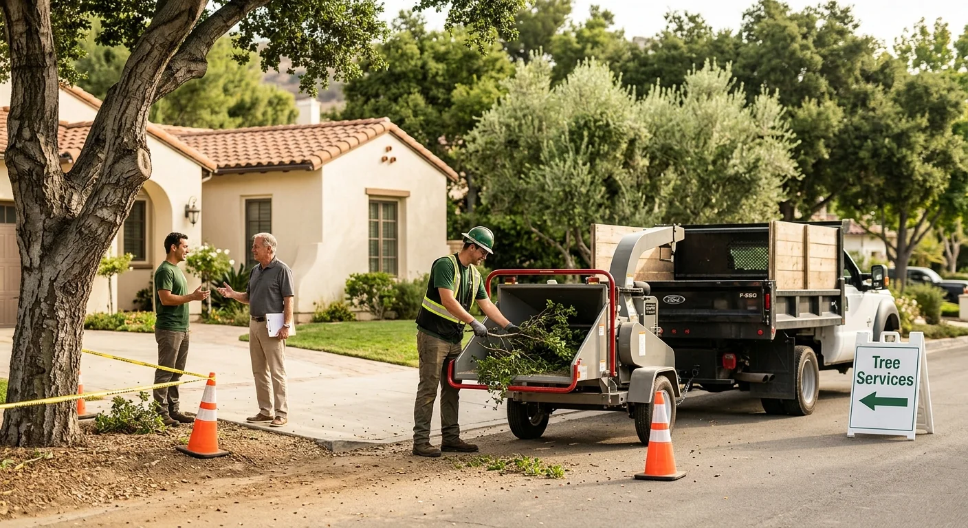 Tree removal crew safely lowering a large oak in a Thousand Oaks yard