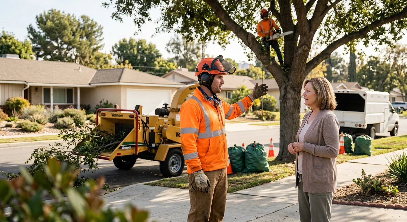 Tree removal crew safely dismantling a large tree in a Thousand Oaks backyard