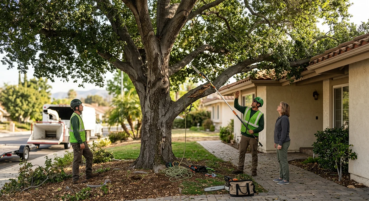 Leaning storm-damaged tree threatening a home in a Thousand Oaks neighborhood