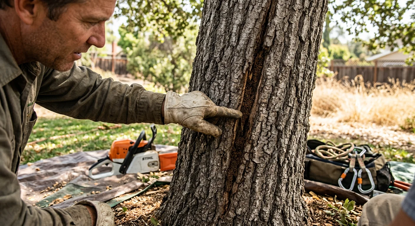 Close view of decayed trunk and fungal growth signaling tree removal