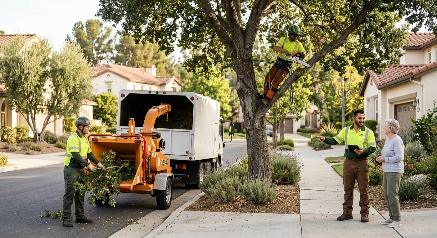 Arborist rigging ropes to lower a large tree limb in a Thousand Oaks backyard