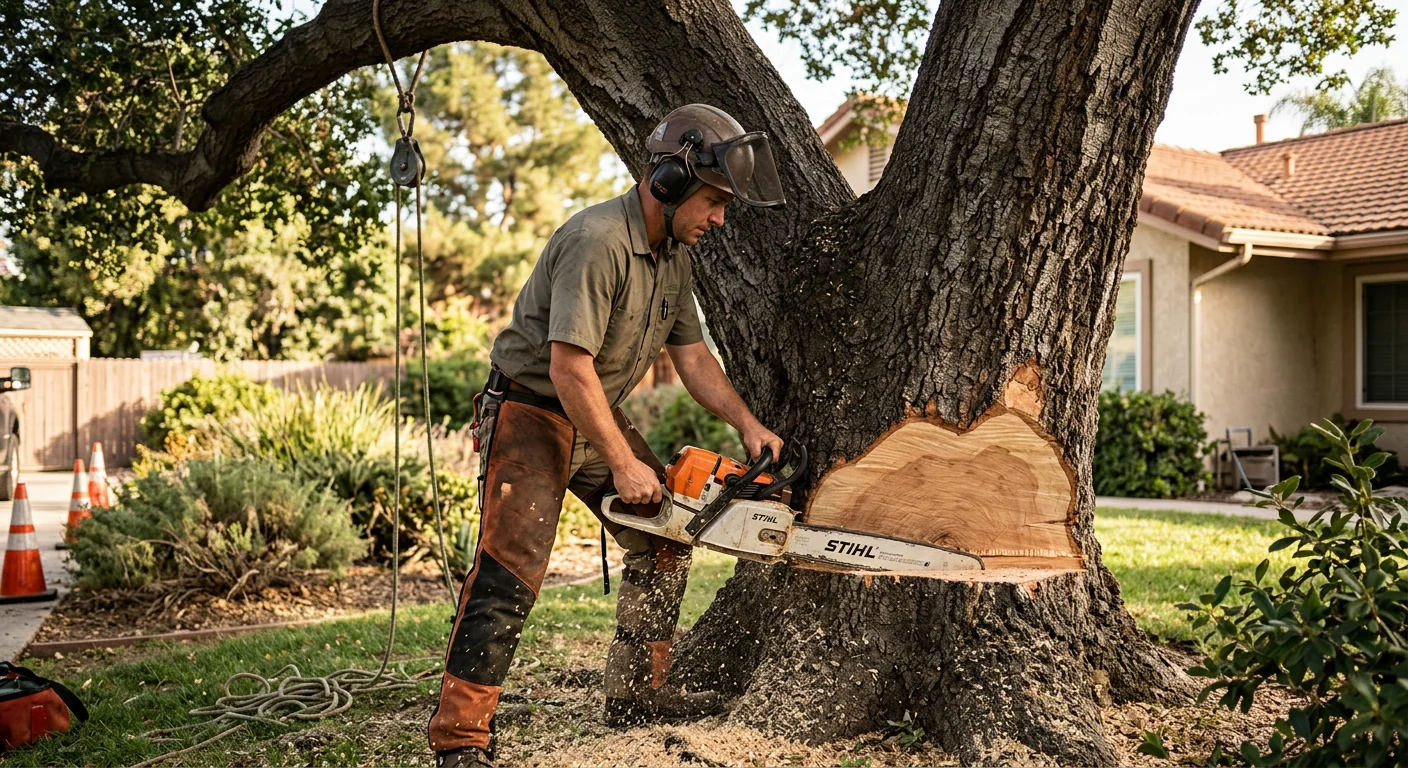 Arborist making a precise felling cut on a large backyard oak in Thousand Oaks