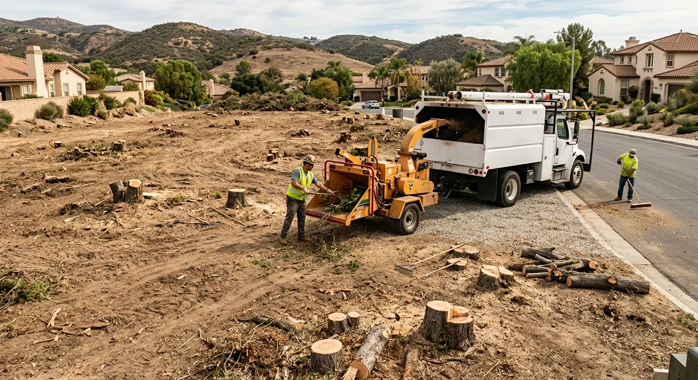Wide shot of a cleared residential lot after complete tree removal