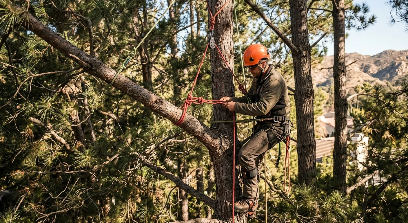 Climber rigging a limb with lowering ropes high in a pine canopy