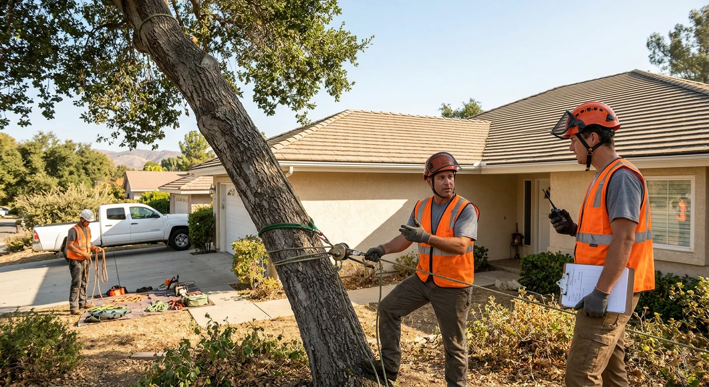 Leaning tree near a home roofline before careful sectional removal