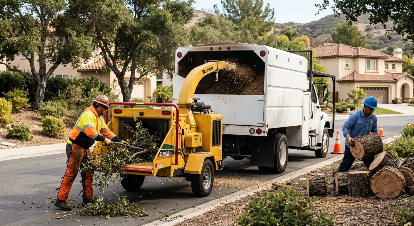 Crew chipping brush and loading trunk sections onto a work truck