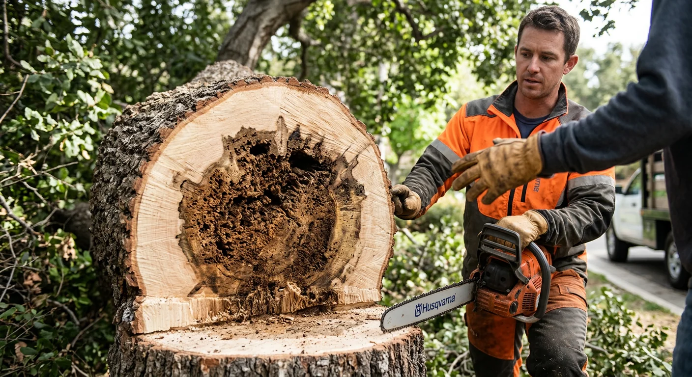Close-up of a fresh trunk cut showing decayed inner wood before removal