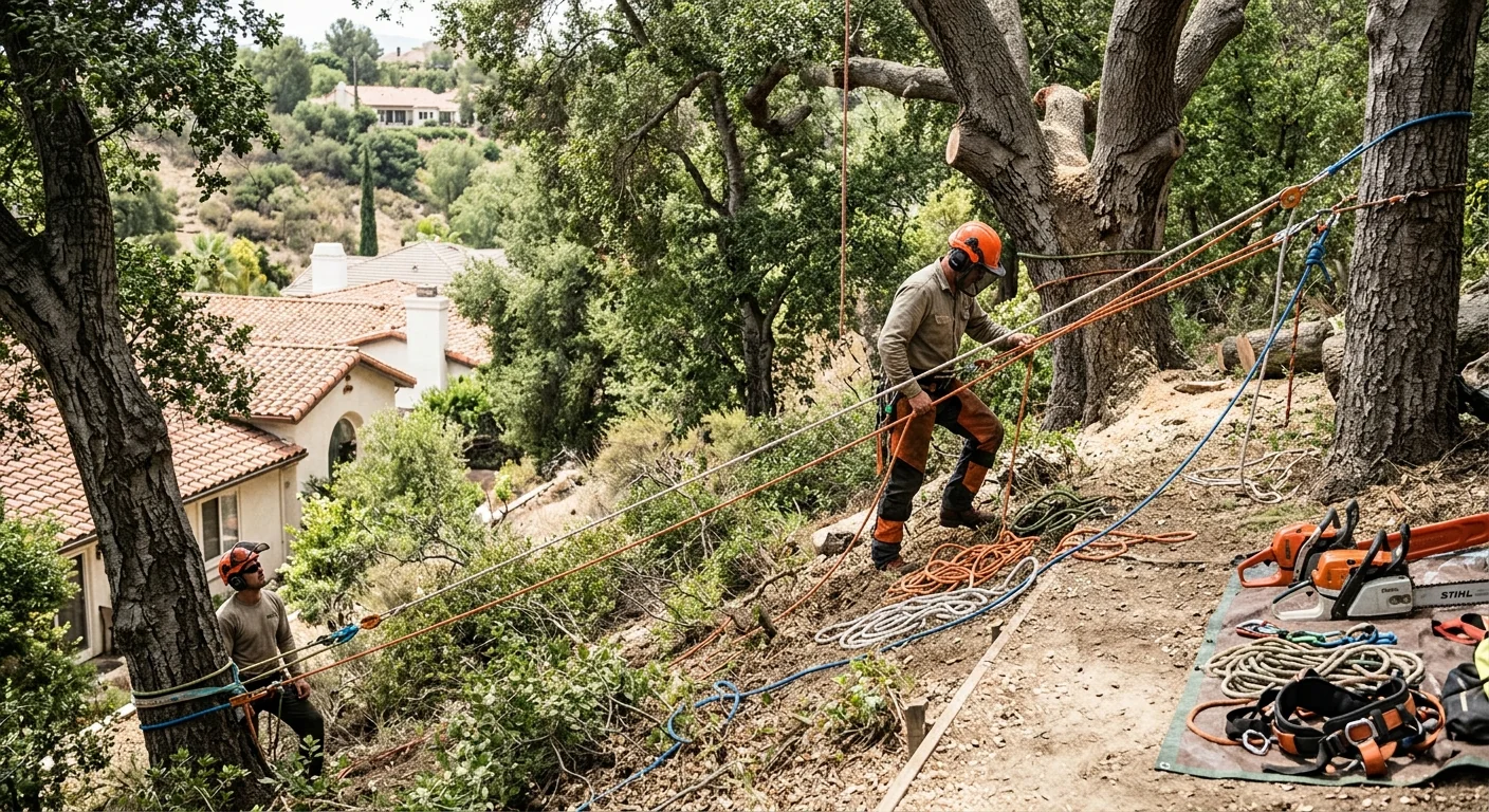 Hillside property tree removal with ropes staged along a steep slope