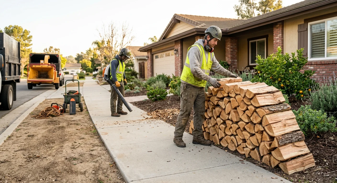 Finished front yard with a stacked wood pile and swept clean walkway