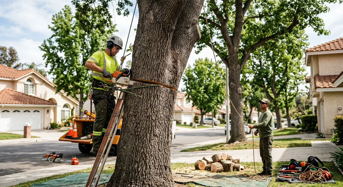 Arborist making a controlled cut on a large trunk in Thousand Oaks