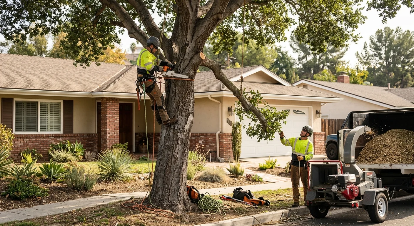 Arborist reviewing tree risk estimate paperwork with a Thousand Oaks homeowner