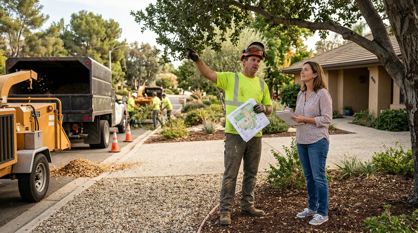 Homeowner reviewing a written tree risk assessment report outdoors