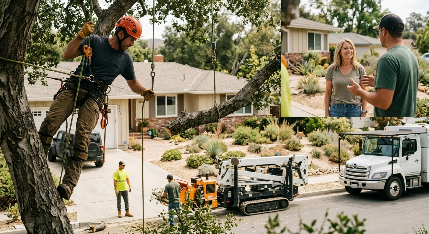 Arborist inspecting a mature oak trunk during a property risk assessment