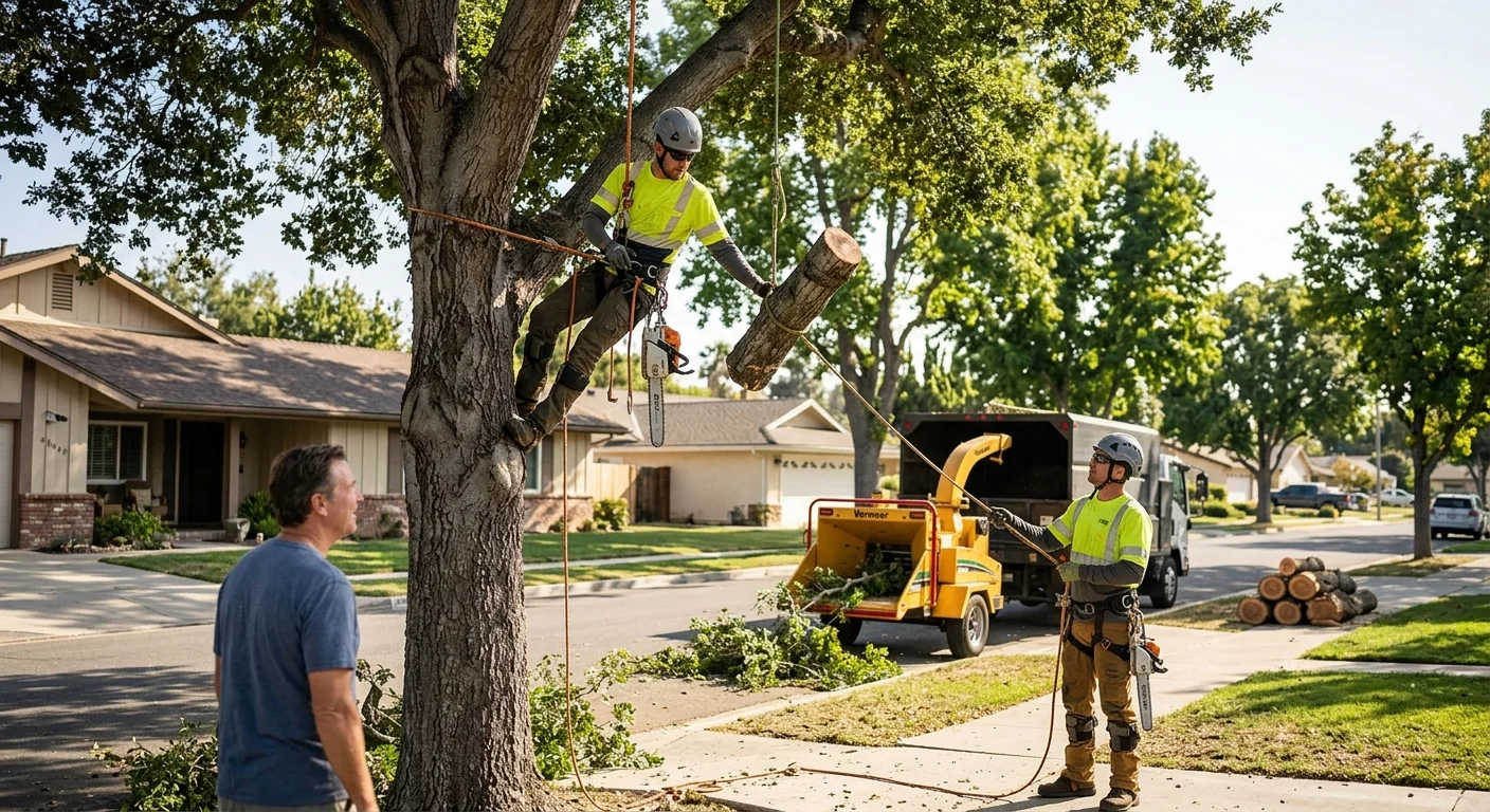 Arborist inspecting a mature oak for defects in a Thousand Oaks backyard