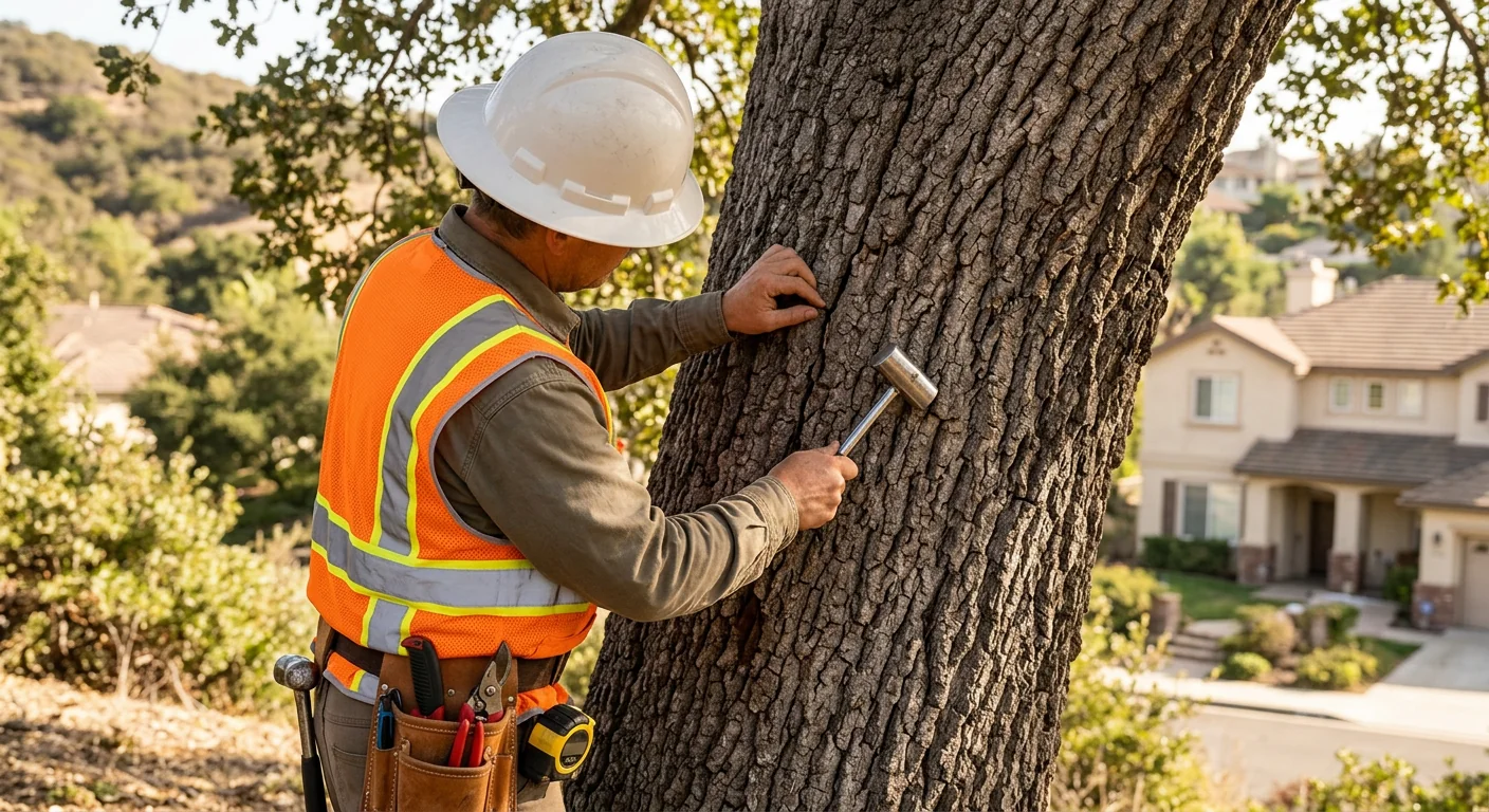 Arborist inspecting mature oak trunk for decay on a Thousand Oaks hillside property