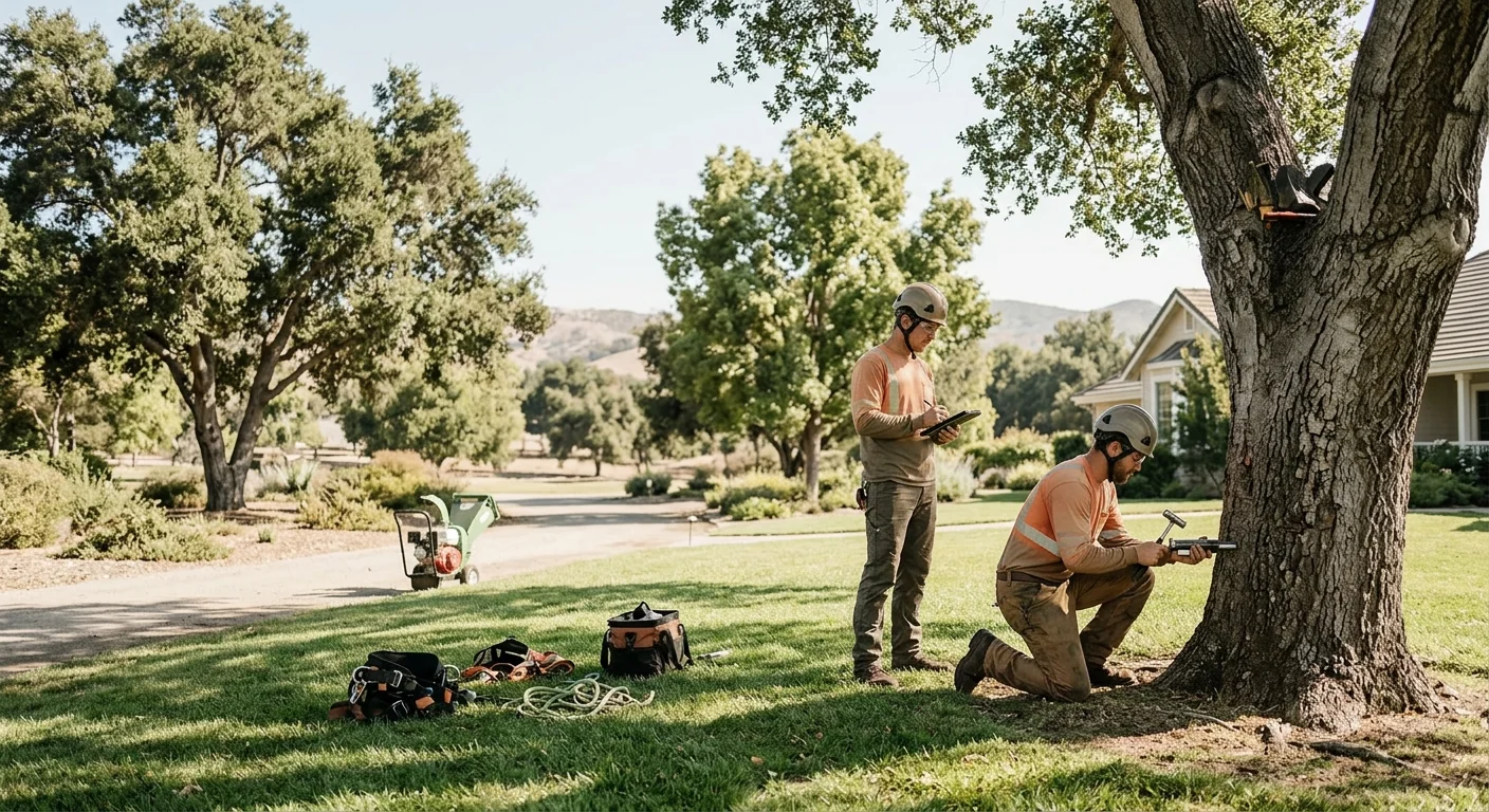 Wide view of estate grounds during a tree risk inspection with several large trees