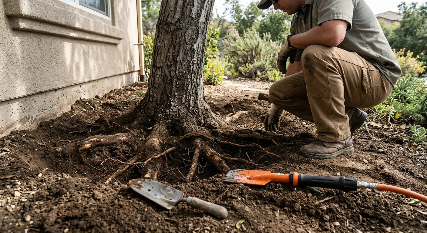 Root collar excavation revealing base of tree near a home foundation