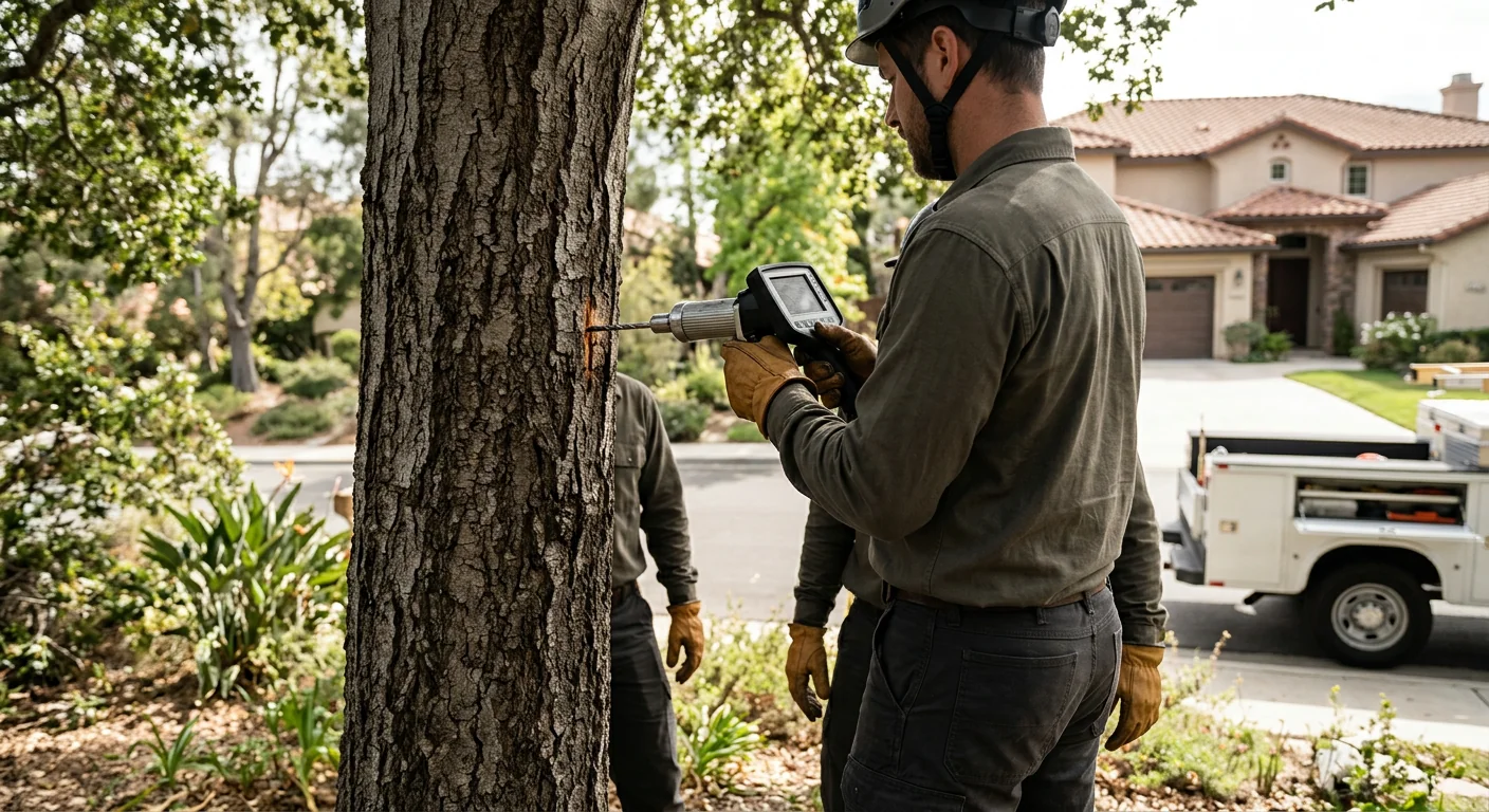 Resistograph testing tool inserted into a tree trunk to check internal wood