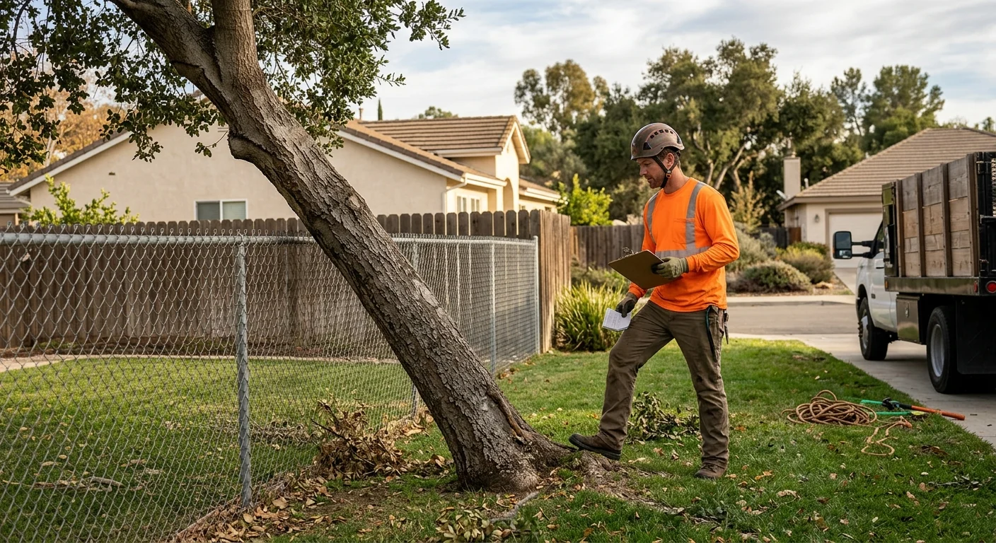 Leaning tree assessed near a residential fence line after seasonal winds