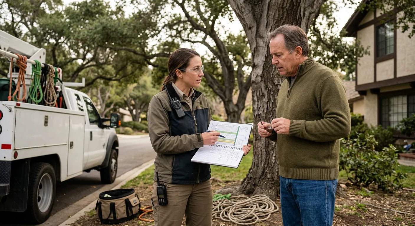 Arborist reviewing a written tree risk report with equipment nearby