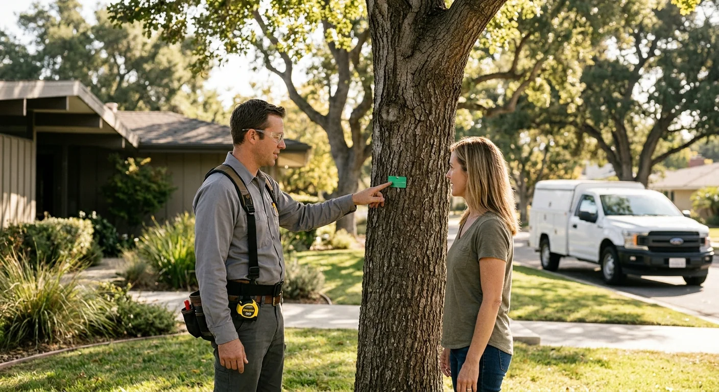Finished tree risk assessment result with tagged trees in a tidy Thousand Oaks yard