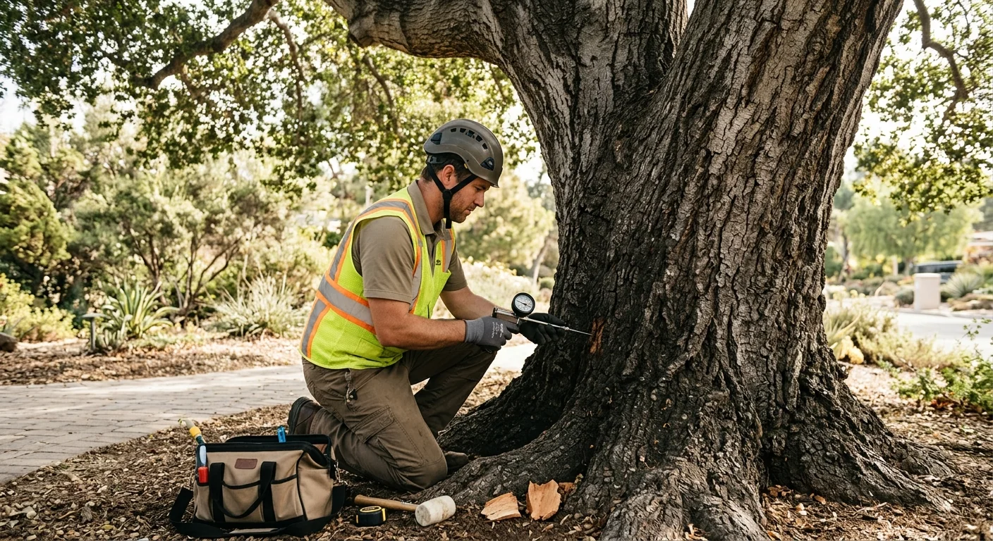 Arborist checking a mature oak trunk for decay in Thousand Oaks