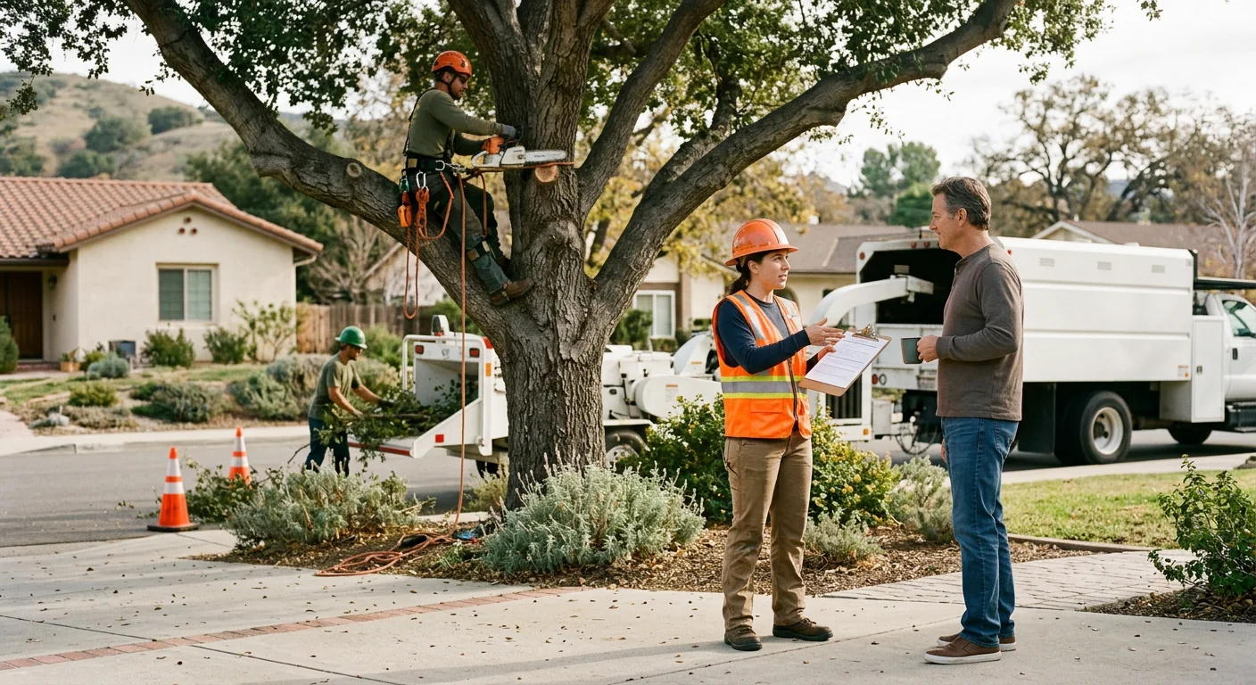 Arborist walking a homeowner through completed tree trimming work in a tidy yard