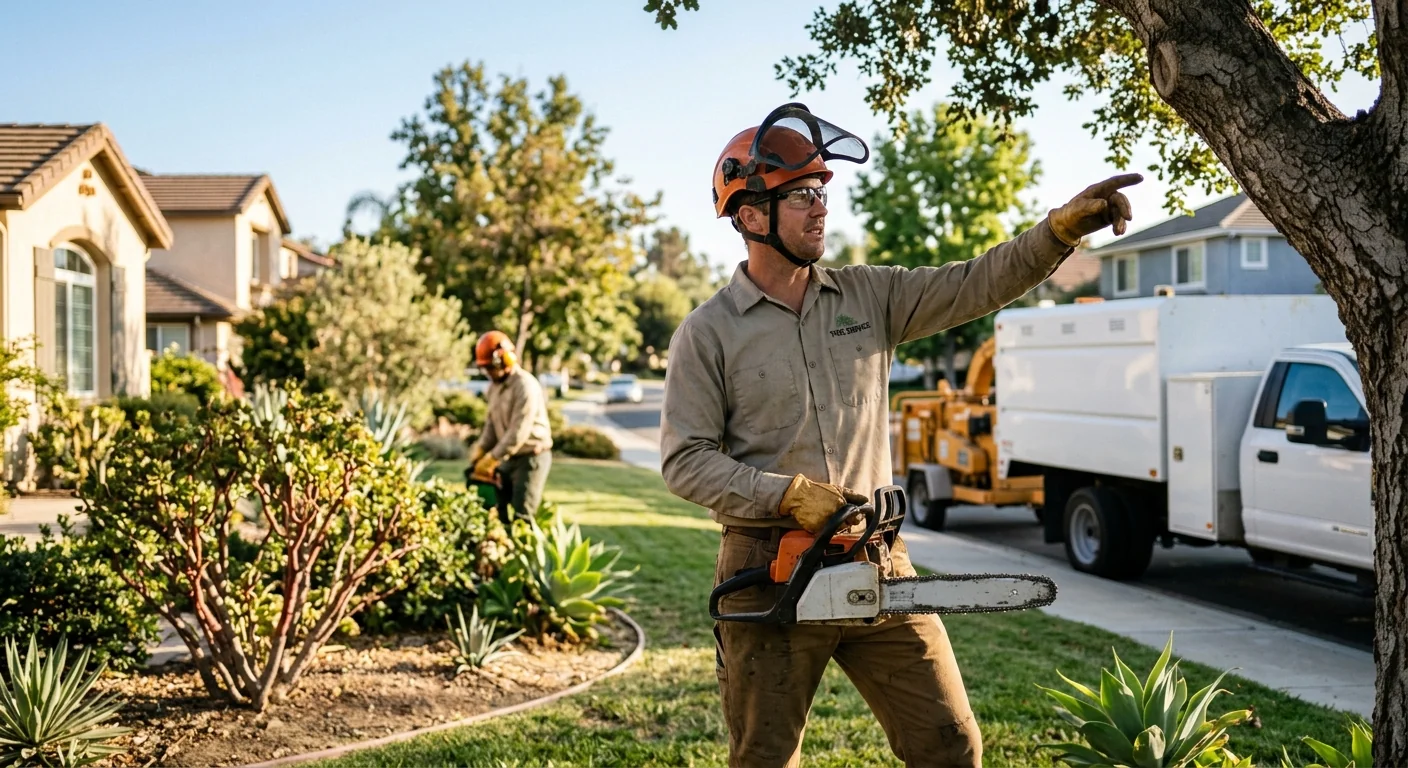 Tree service crew loading equipment onto a truck for a scheduled visit in Thousand Oaks