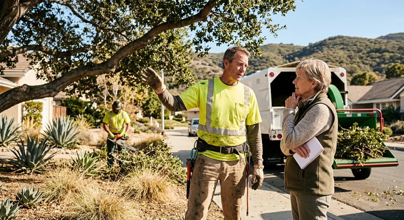 Tree crew reviewing a written estimate with a homeowner in a Thousand Oaks front yard