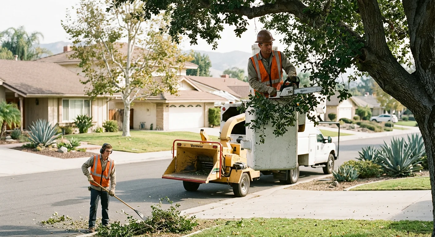 Arborist reviewing a tree removal estimate with a Thousand Oaks homeowner in the yard