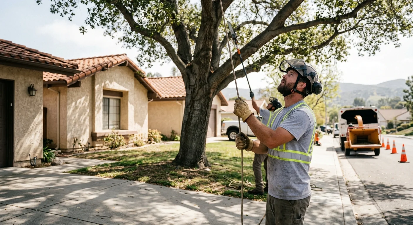 Friendly tree service crew reviewing a written estimate with a Thousand Oaks homeowner outdoors