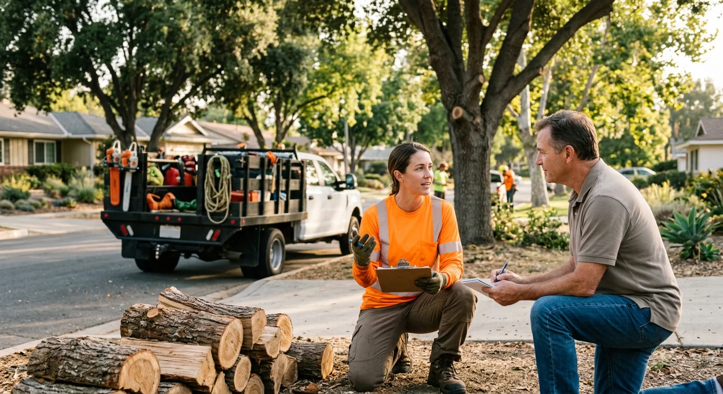 Arborist reviewing a backyard tree with a homeowner during an estimate visit in Thousand Oaks